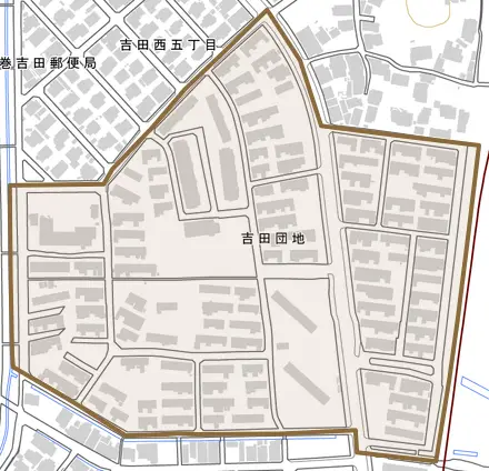 吉田団地とその周辺の地図。町の範囲を重ねている