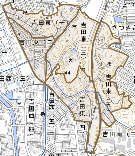 吉田東とその周辺の地図。町の範囲を重ねている