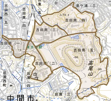 吉田南とその周辺の地図。町の範囲を重ねている