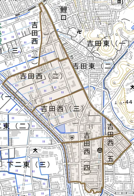 吉田西とその周辺の地図。町の範囲を重ねている