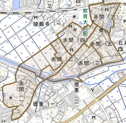 赤間とその周辺の地図。町の範囲を重ねている