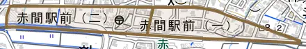 赤間駅前とその周辺の地図。町の範囲を重ねている