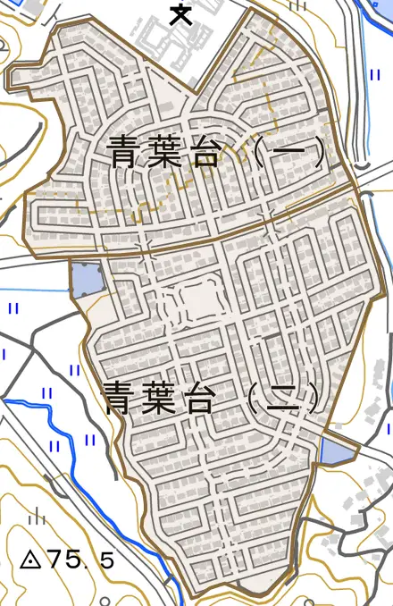 青葉台とその周辺の地図。町の範囲を重ねている