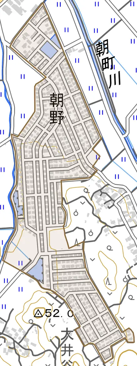 朝野とその周辺の地図。町の範囲を重ねている
