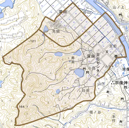 深田とその周辺の地図。町の範囲を重ねている