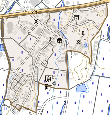 原町とその周辺の地図。町の範囲を重ねている