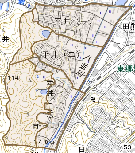 平井とその周辺の地図。町の範囲を重ねている