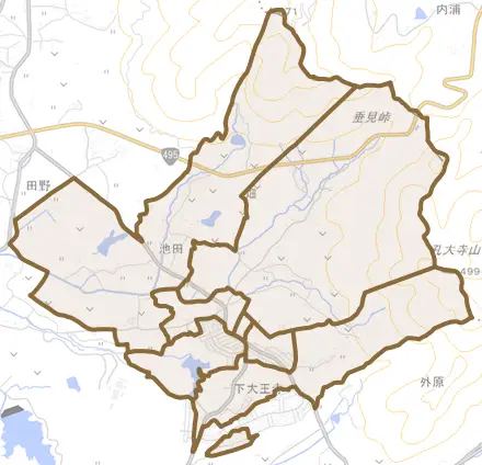 池田とその周辺の地図。町の範囲を重ねている