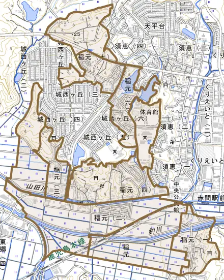 稲元とその周辺の地図。町の範囲を重ねている