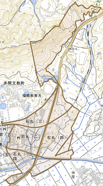 石丸とその周辺の地図。町の範囲を重ねている