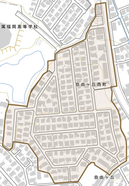 自由ヶ丘西町とその周辺の地図。町の範囲を重ねている