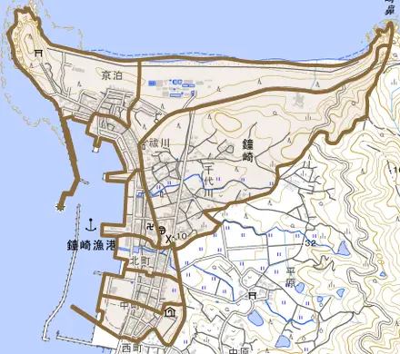 鐘崎とその周辺の地図。町の範囲を重ねている