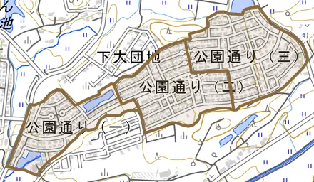 公園通りとその周辺の地図。町の範囲を重ねている