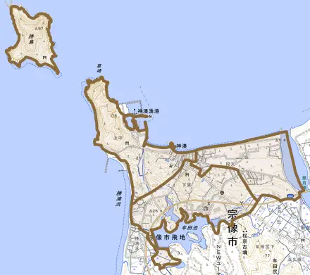 神湊とその周辺の地図。町の範囲を重ねている