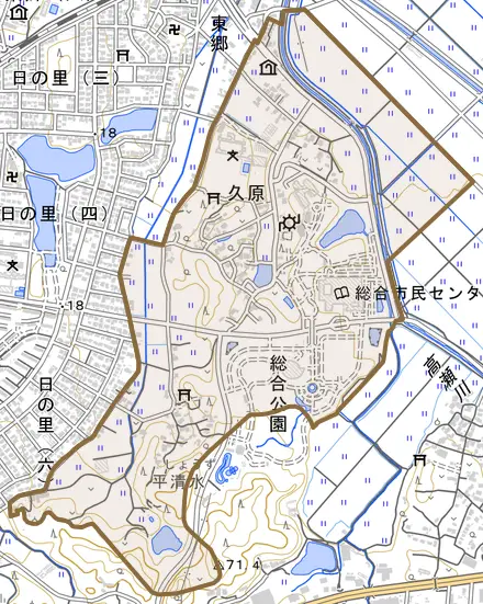 久原とその周辺の地図。町の範囲を重ねている