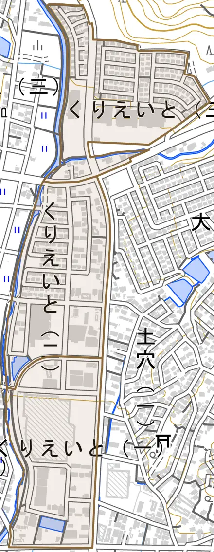 くりえいととその周辺の地図。町の範囲を重ねている