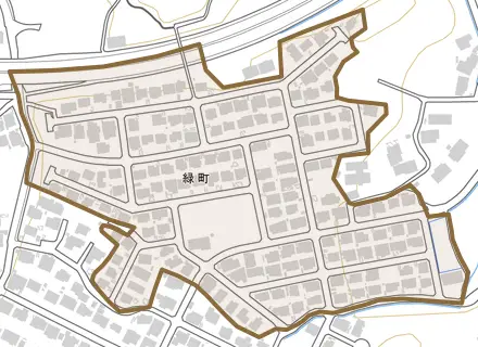 緑町とその周辺の地図。町の範囲を重ねている