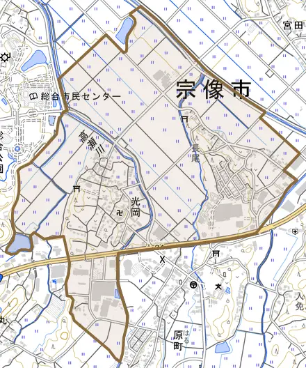 光岡とその周辺の地図。町の範囲を重ねている