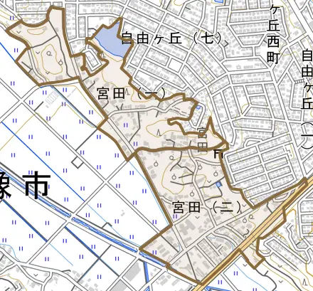 宮田とその周辺の地図。町の範囲を重ねている