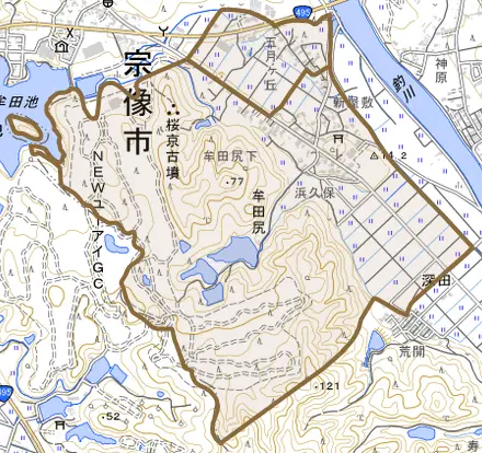 牟田尻とその周辺の地図。町の範囲を重ねている