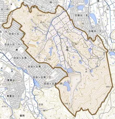 名残とその周辺の地図。町の範囲を重ねている
