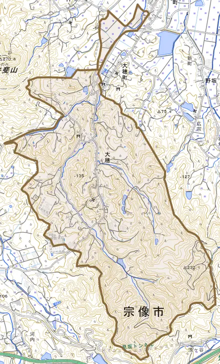 大穂とその周辺の地図。町の範囲を重ねている