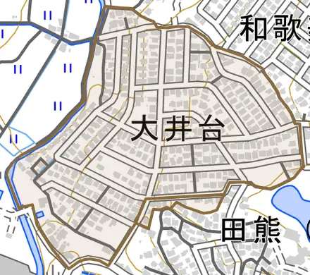 大井台とその周辺の地図。町の範囲を重ねている