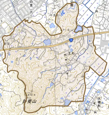 王丸とその周辺の地図。町の範囲を重ねている
