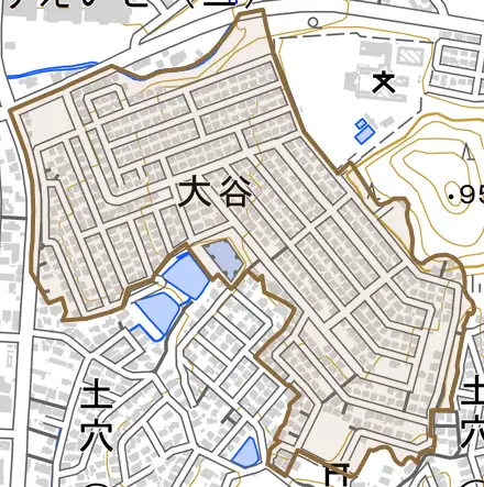 大谷とその周辺の地図。町の範囲を重ねている