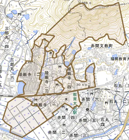 陵厳寺とその周辺の地図。町の範囲を重ねている