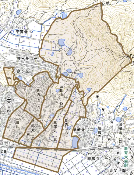 三郎丸とその周辺の地図。町の範囲を重ねている