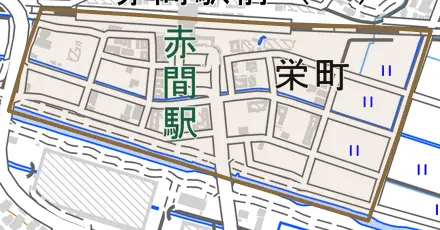 栄町とその周辺の地図。町の範囲を重ねている