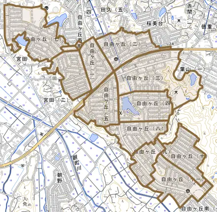 自由ヶ丘とその周辺の地図。町の範囲を重ねている
