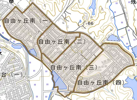 自由ヶ丘南とその周辺の地図。町の範囲を重ねている