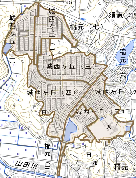 城西ヶ丘とその周辺の地図。町の範囲を重ねている