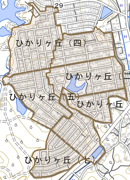 ひかりヶ丘とその周辺の地図。町の範囲を重ねている