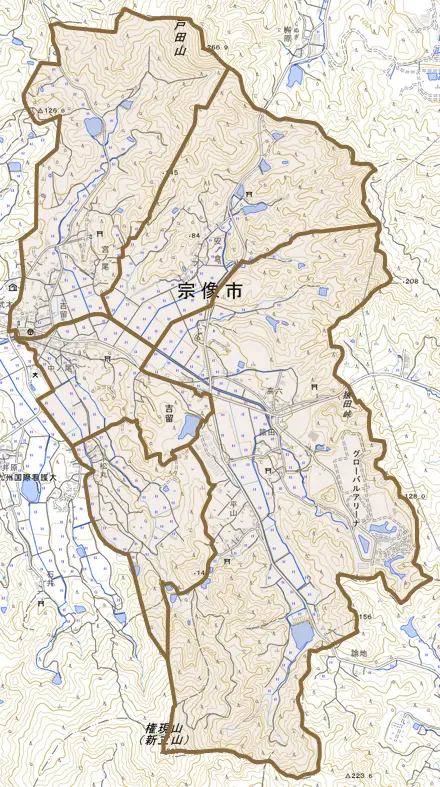 吉留とその周辺の地図。町の範囲を重ねている