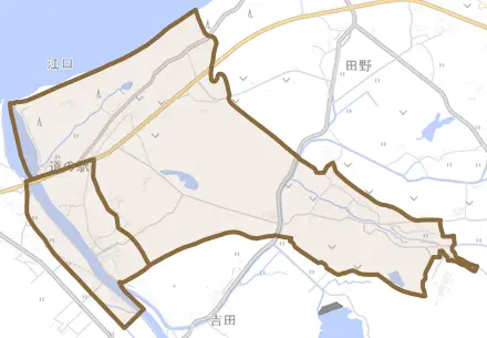 江口とその周辺の地図。町の範囲を重ねている