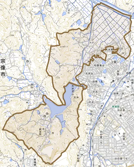 大井とその周辺の地図。町の範囲を重ねている