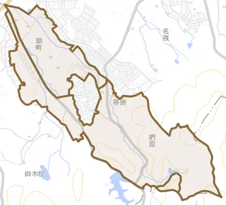 朝町とその周辺の地図。町の範囲を重ねている