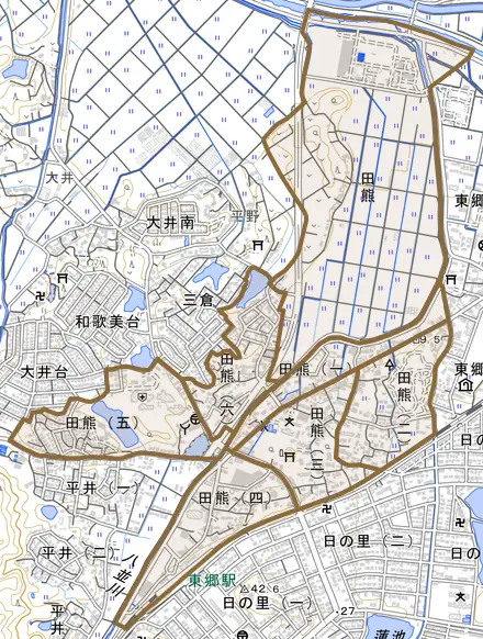 田熊とその周辺の地図。町の範囲を重ねている