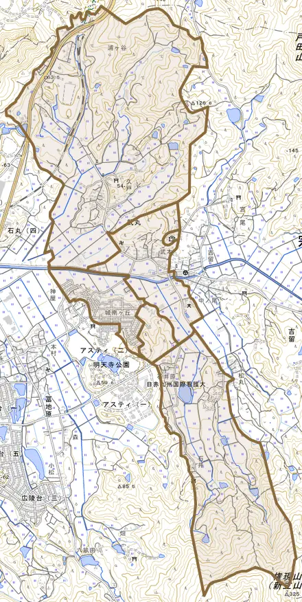 武丸とその周辺の地図。町の範囲を重ねている