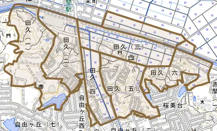 田久とその周辺の地図。町の範囲を重ねている