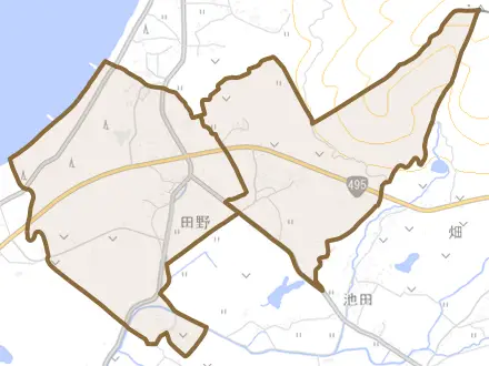 田野とその周辺の地図。町の範囲を重ねている