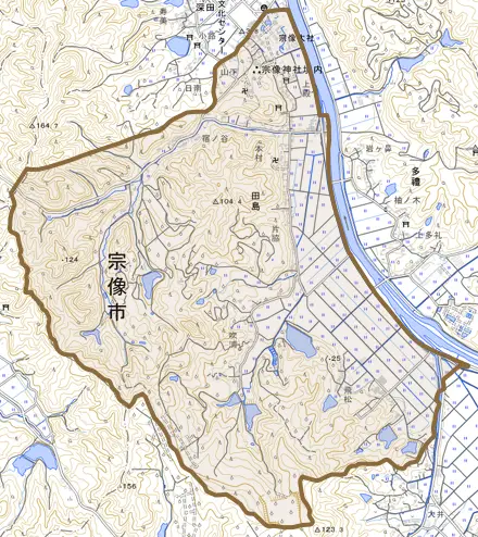 田島とその周辺の地図。町の範囲を重ねている