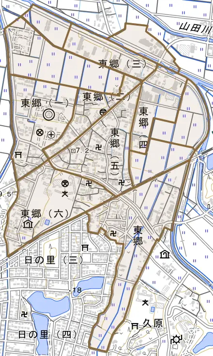 東郷とその周辺の地図。町の範囲を重ねている