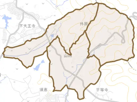 山田とその周辺の地図。町の範囲を重ねている