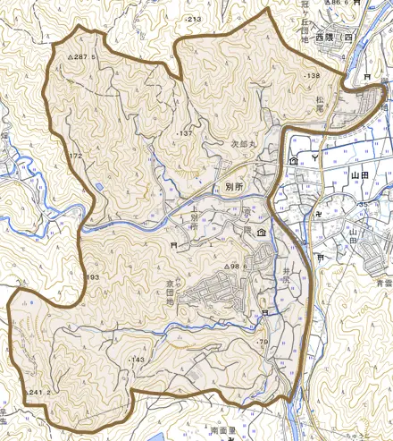 大字別所とその周辺の地図。町の範囲を重ねている