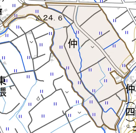 大字仲とその周辺の地図。町の範囲を重ねている