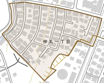 仲丸とその周辺の地図。町の範囲を重ねている